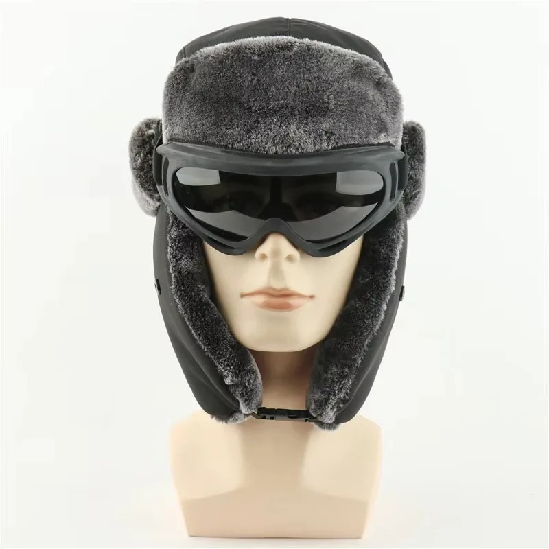 Winter Trapper Hat - หมวกอูชันกาทหารลายทหารสำหรับเล่นสกีหิมะ พร้อมแว่นตา ขนกระต่ายเทียม ปิดหูแบบนักบิน สำหรับผู้ชายและผู้หญิง กันหนาว