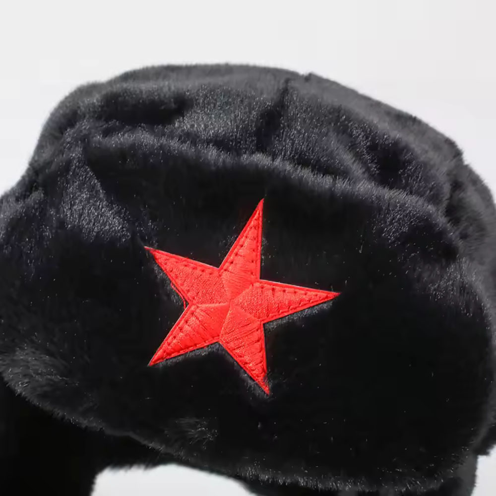 Winter Trapper Hat - หมวกฤดูหนาวทรงนักบินสำหรับผู้ชาย ลายดาวห้าแฉก พร้อมที่ปิดหู หมวกบอมเบอร์กันลม หมวกทรงทรัปเปอร์สไตล์รัสเซีย